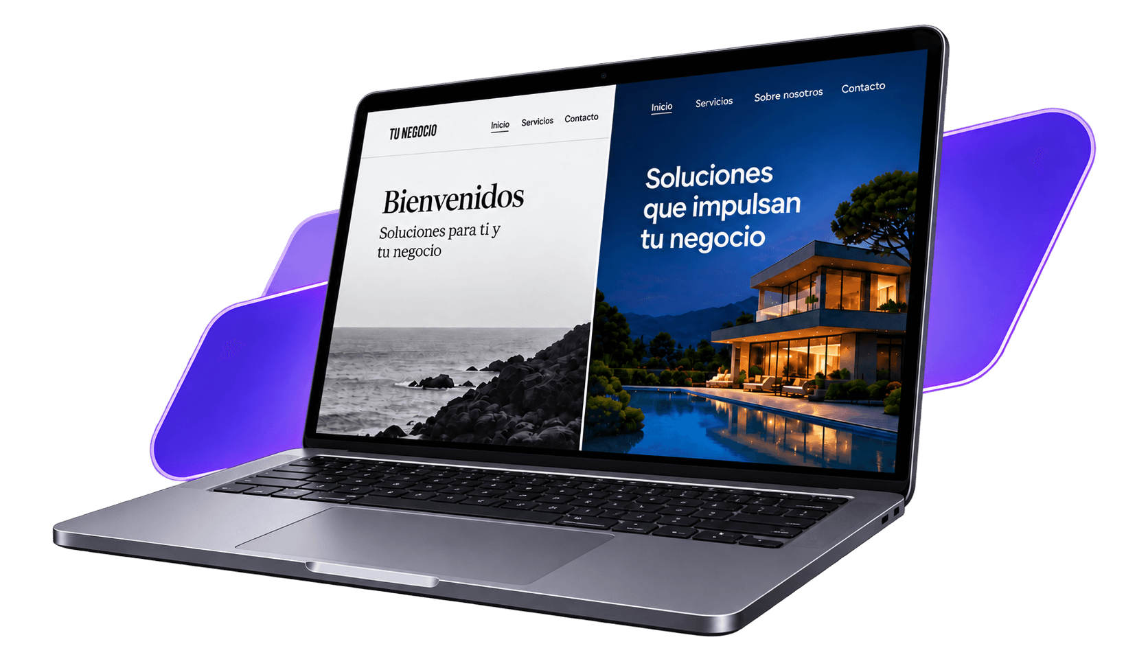 Portátil con la pantalla partida: a la izquierda una web anticuada en blanco y negro, a la derecha la misma web rediseñada, con fotos a color y un botón claro.