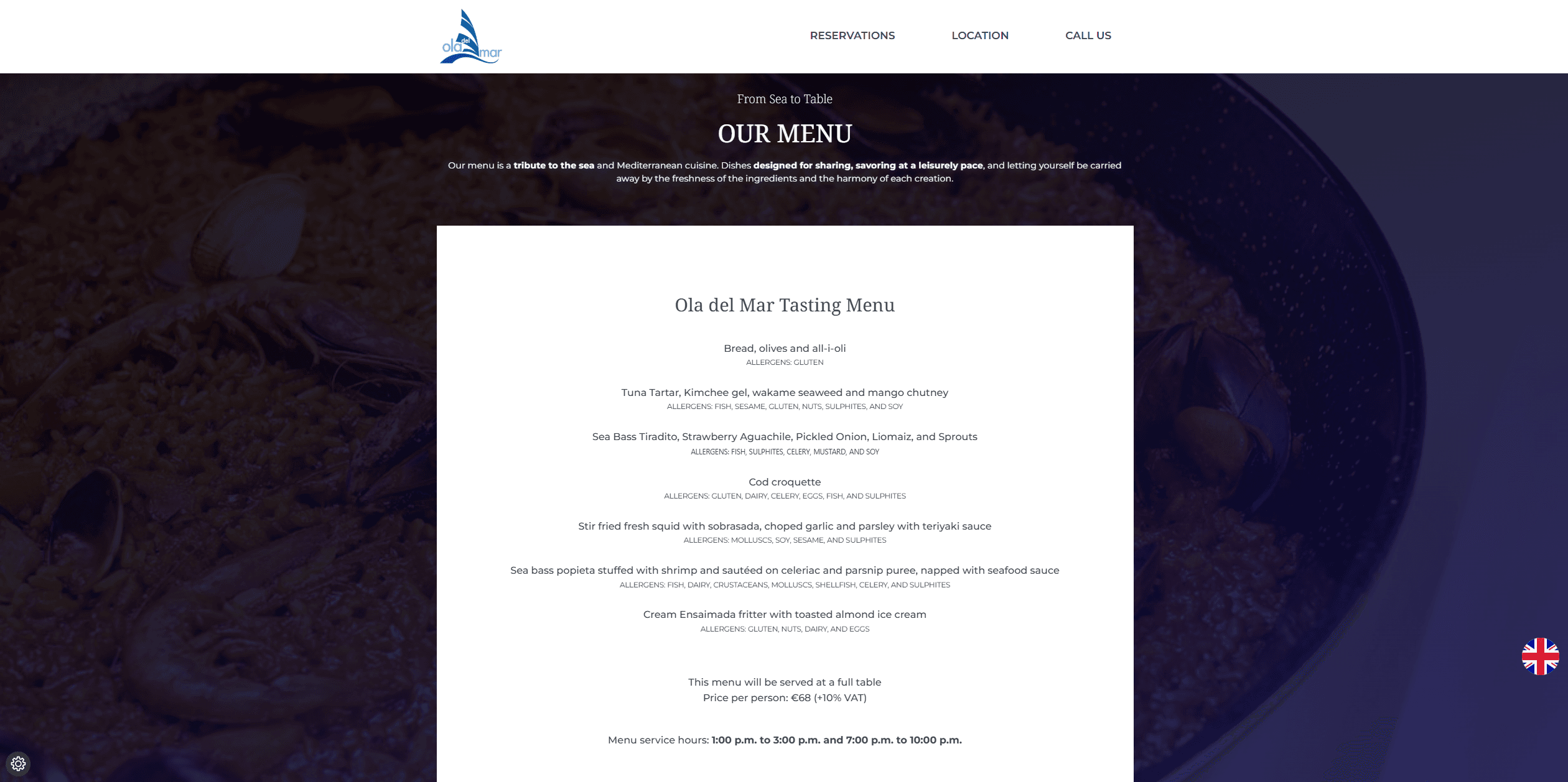 La web anterior del restaurante: una página de carta en inglés sobre una foto oscura de paella.