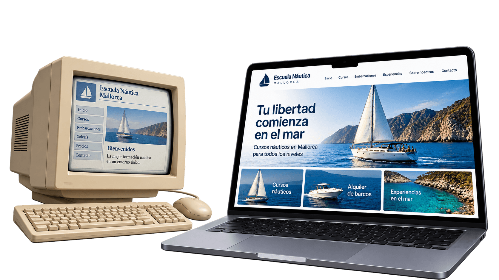 Una escuela náutica antes y después: a la izquierda su web antigua en un monitor de tubo, a la derecha la nueva en un portátil.